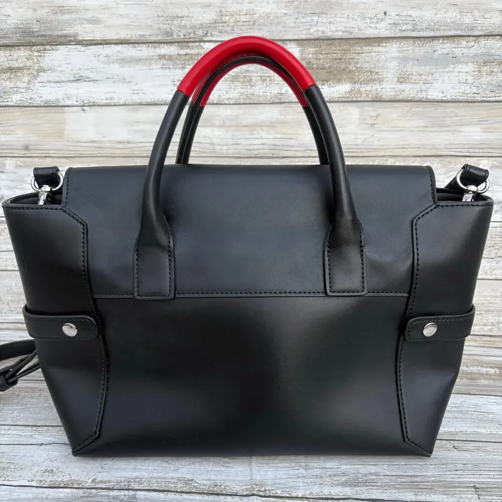 Fiorelli Barbican Flapover Tote Purse Black Faux Leather Plaid Preppy‎ Classic